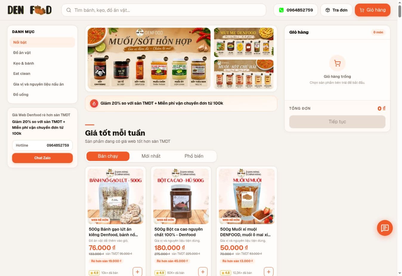 Giao diện trang chủ website bán hàng Den Food
